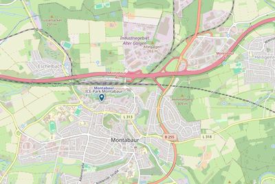 Kartenausschnitt von Montabaur mit markiertem Standort im ICE-Park, der Autobahn A3 im Norden und dem ICE-Bahnhof.